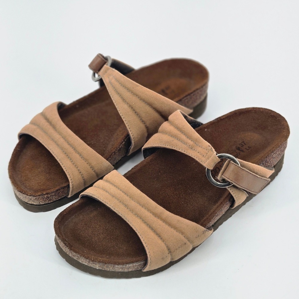 Naot Fresno Canvas Leather Cork Wedge Slide Sandals Tan Khaki Womens 6 EU 37 EUC